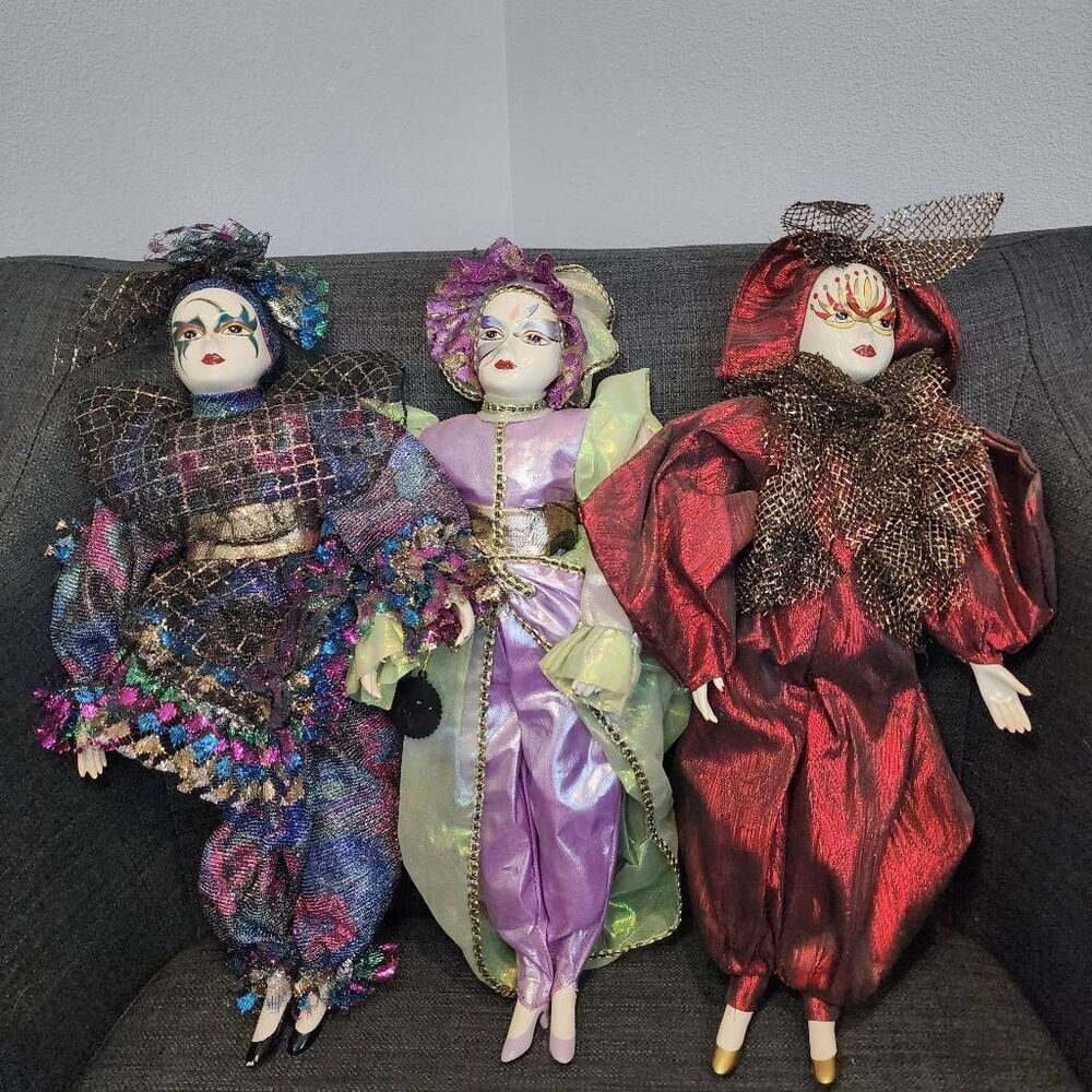 3 Brinns 1988 hard plastic Jester doll with colorful shiny outfits